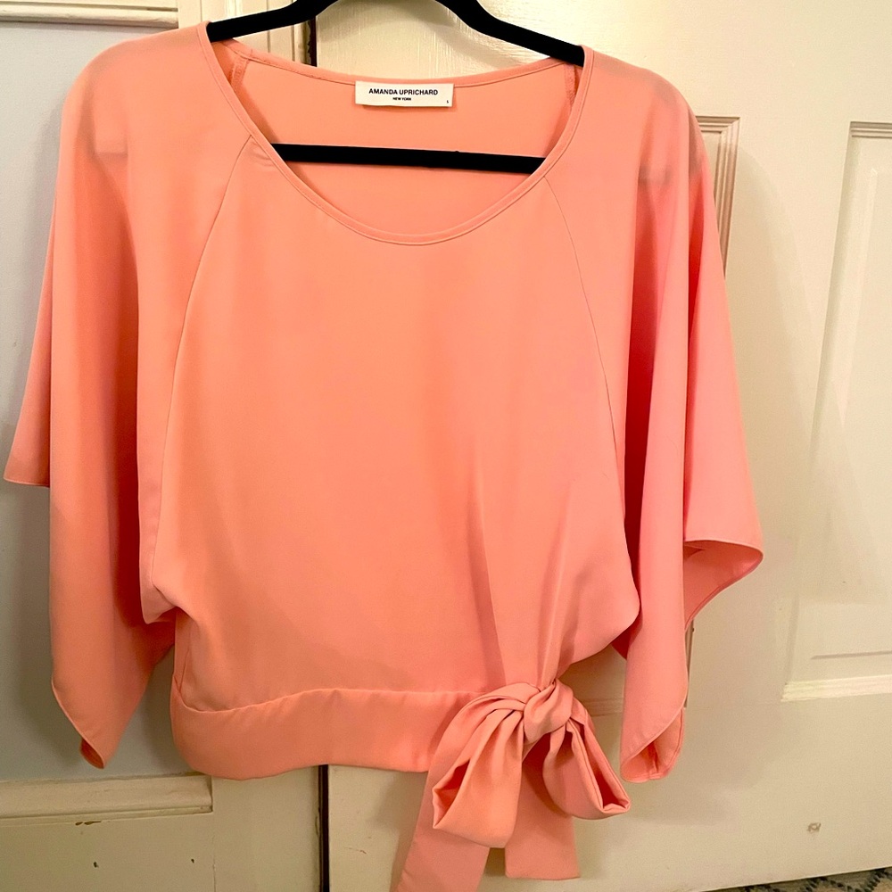 Amanda Uprichard Soft Peach Blouse. 3/4” sleeves with a tie.